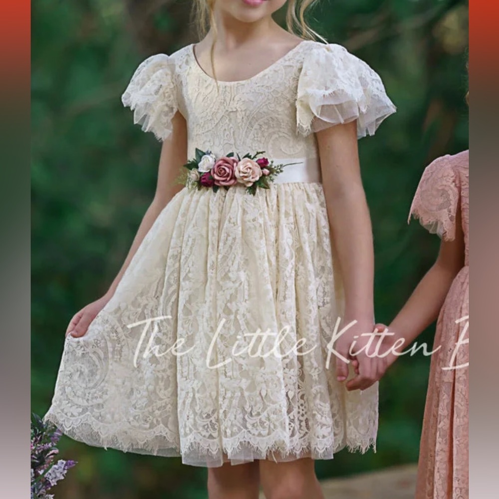 Little Kitten ivory lace flower girl dress